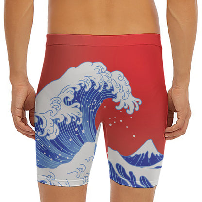 Red Sun Japanese Wave Print Men's Long Boxer Briefs