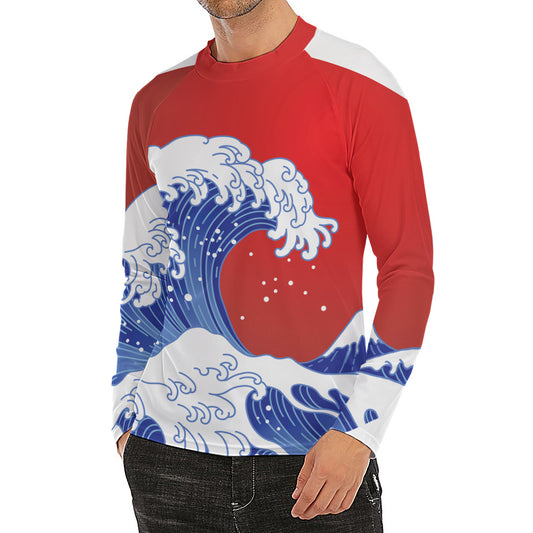 Red Sun Japanese Wave Print Men's Long Sleeve Rash Guard