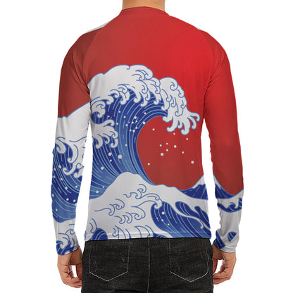 Red Sun Japanese Wave Print Men's Long Sleeve Rash Guard