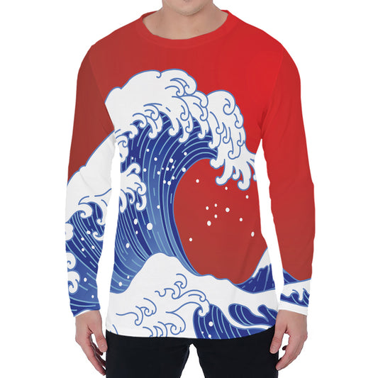 Red Sun Japanese Wave Print Men's Long Sleeve T-Shirt