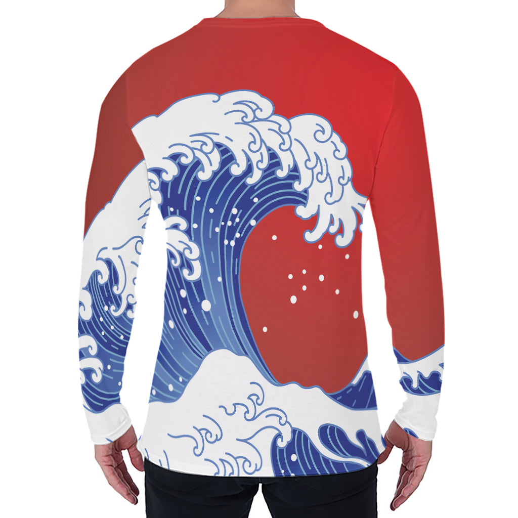 Red Sun Japanese Wave Print Men's Long Sleeve T-Shirt