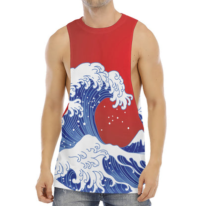 Red Sun Japanese Wave Print Men's Muscle Tank Top