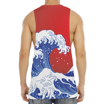 Red Sun Japanese Wave Print Men's Muscle Tank Top