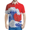 Red Sun Japanese Wave Print Men's Polo Shirt