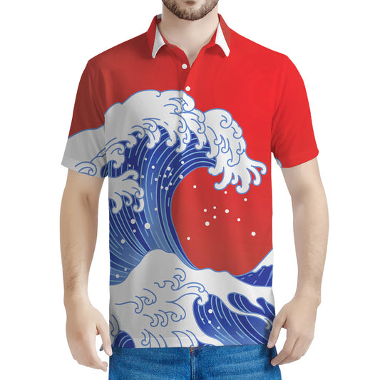 Red Sun Japanese Wave Print Men's Polo Shirt