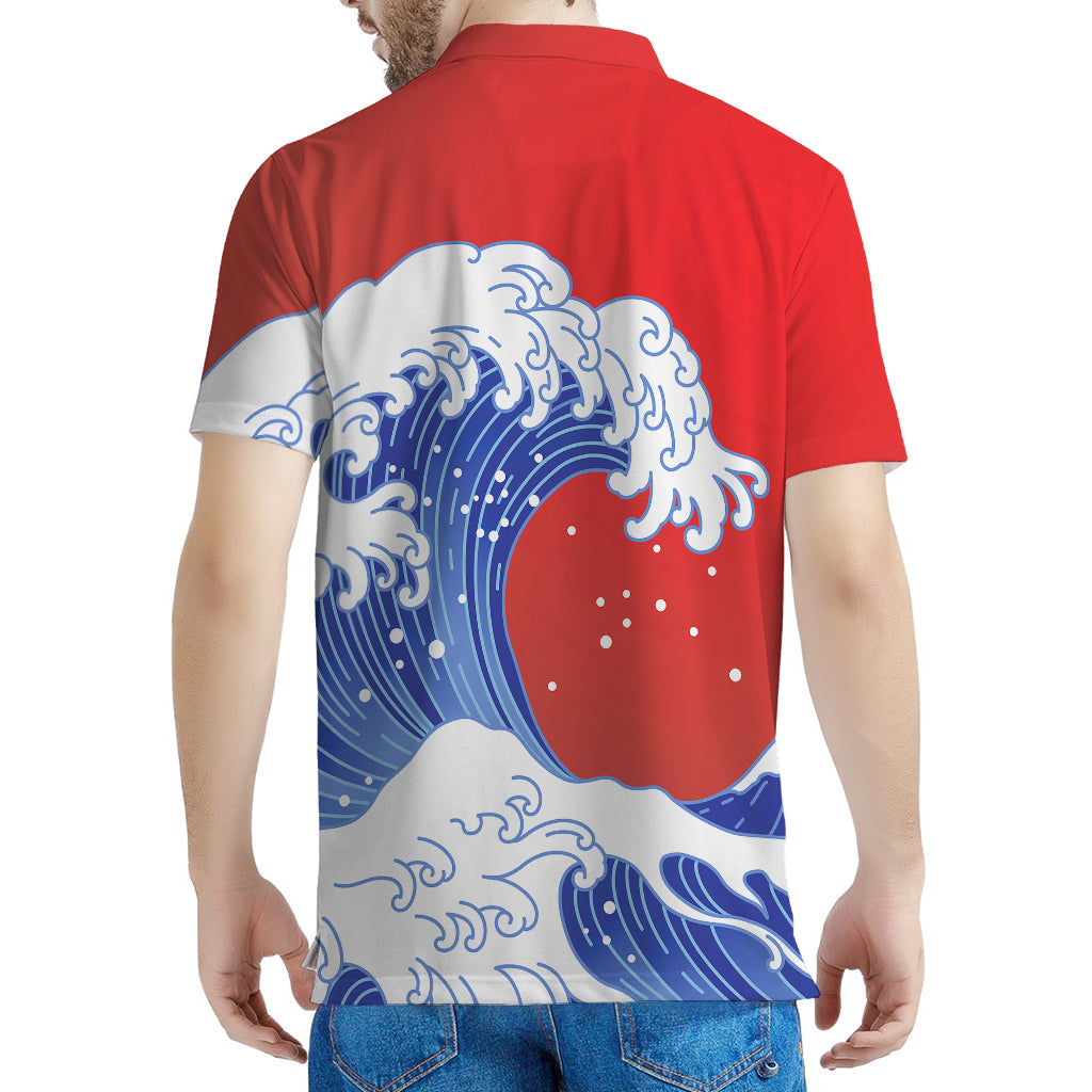 Red Sun Japanese Wave Print Men's Polo Shirt