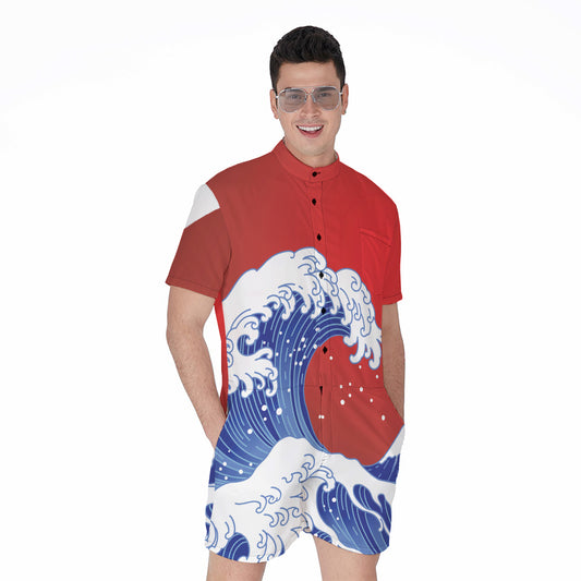 Red Sun Japanese Wave Print Men's Rompers