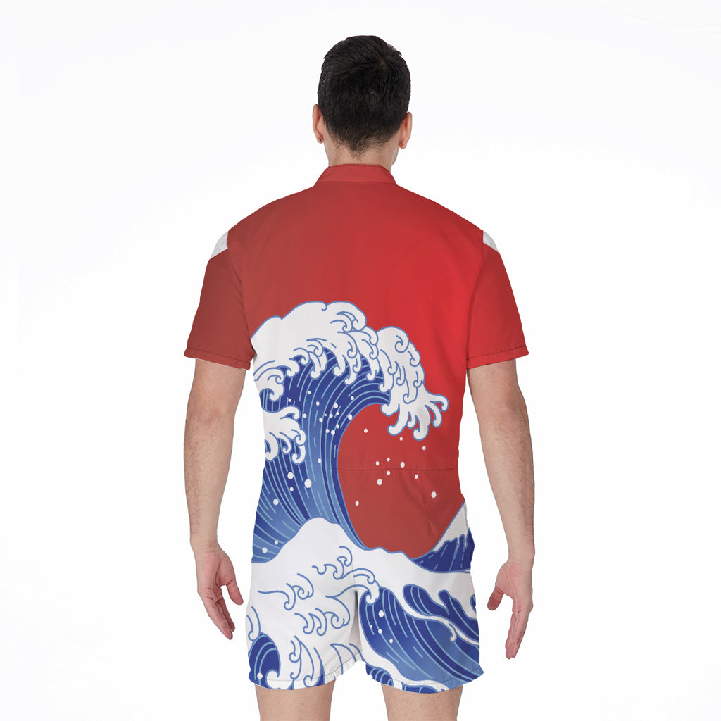 Red Sun Japanese Wave Print Men's Rompers