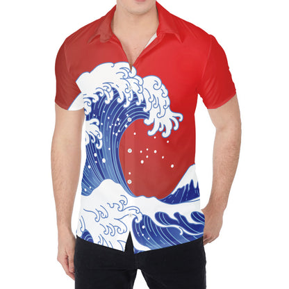 Red Sun Japanese Wave Print Men's Shirt