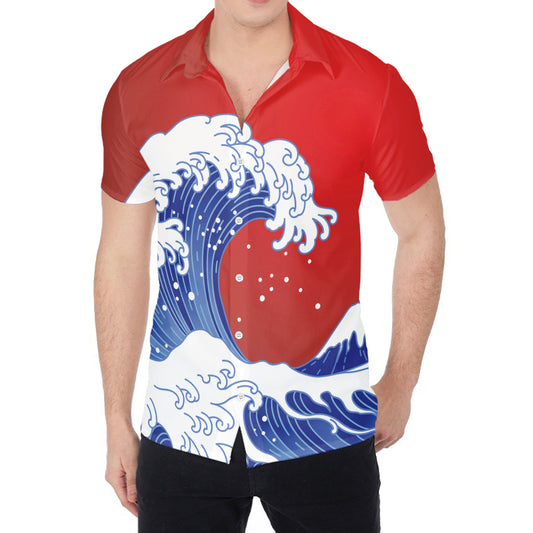 Red Sun Japanese Wave Print Men's Shirt