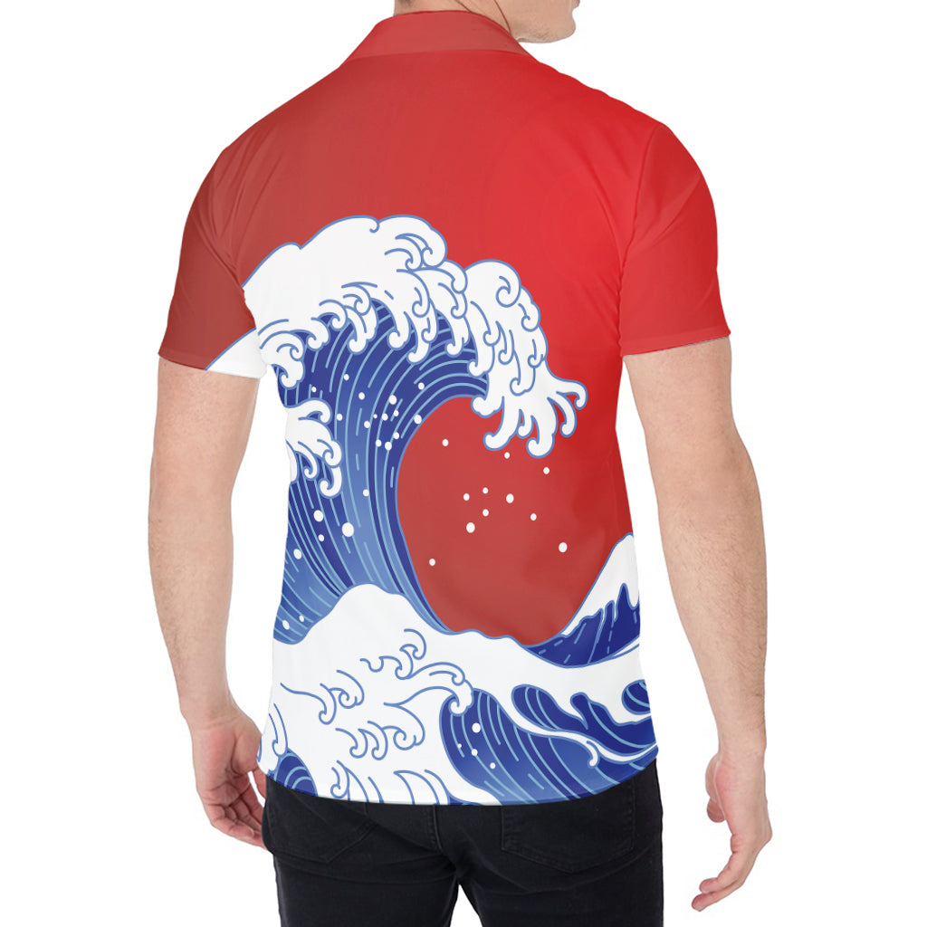 Red Sun Japanese Wave Print Men's Shirt