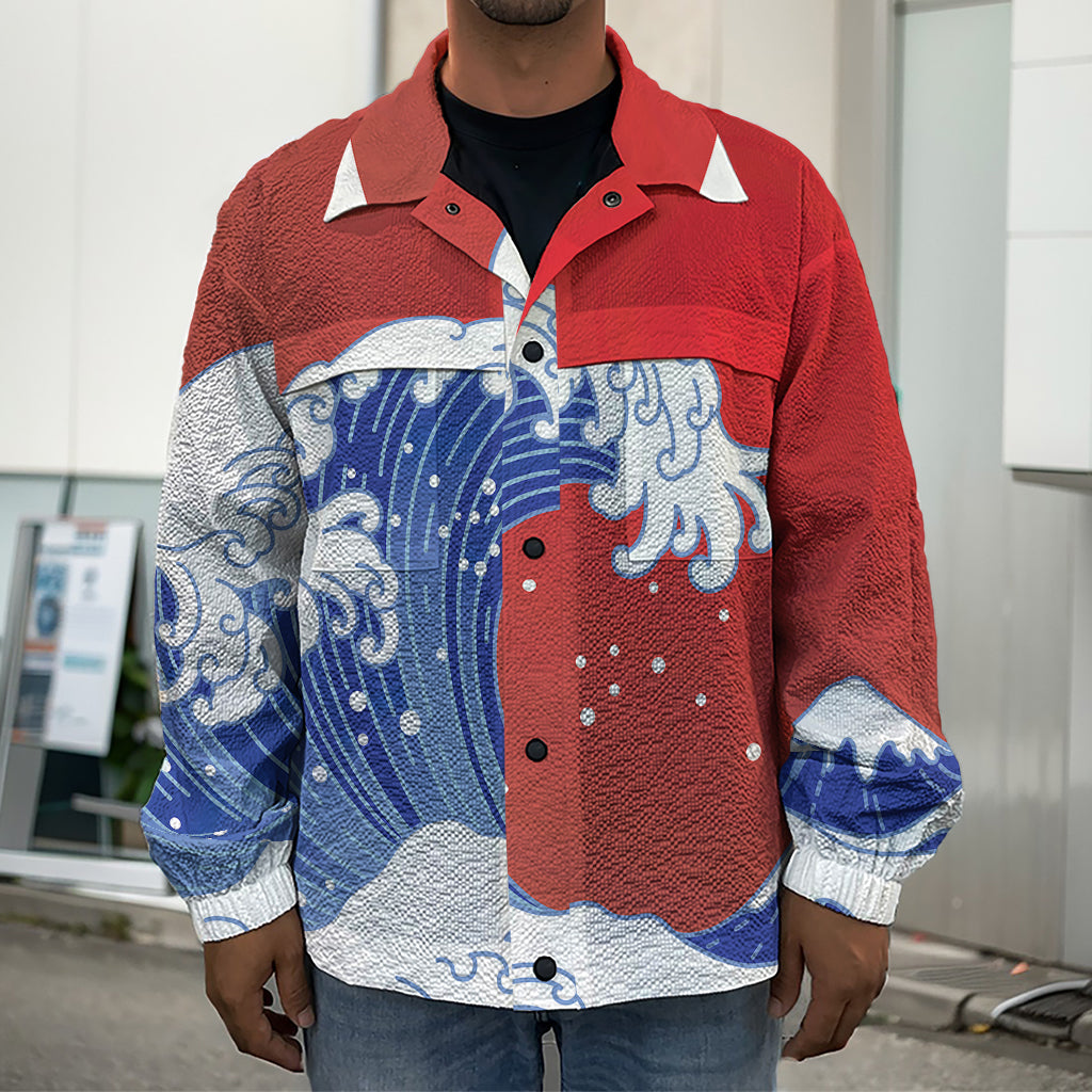 Red Sun Japanese Wave Print Men's Shirt Jacket
