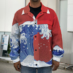 Red Sun Japanese Wave Print Men's Shirt Jacket