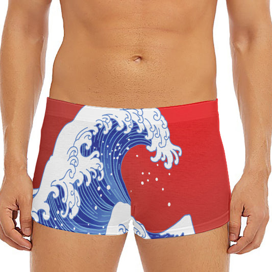 Red Sun Japanese Wave Print Men's Short Boxer Briefs
