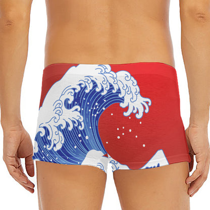 Red Sun Japanese Wave Print Men's Short Boxer Briefs