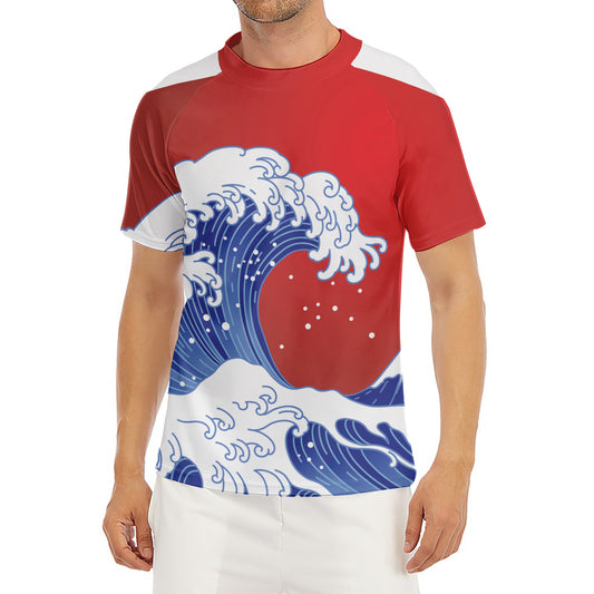 Red Sun Japanese Wave Print Men's Short Sleeve Rash Guard