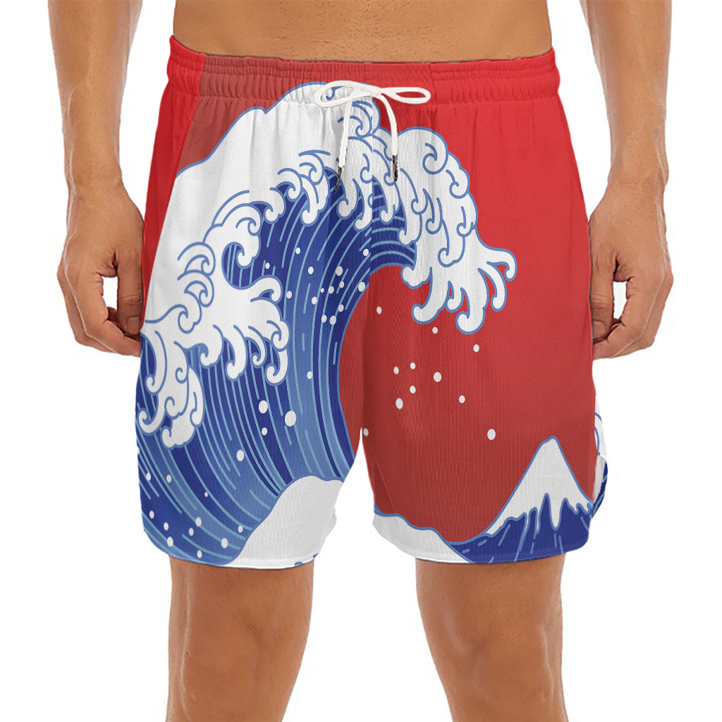 Red Sun Japanese Wave Print Men's Split Running Shorts