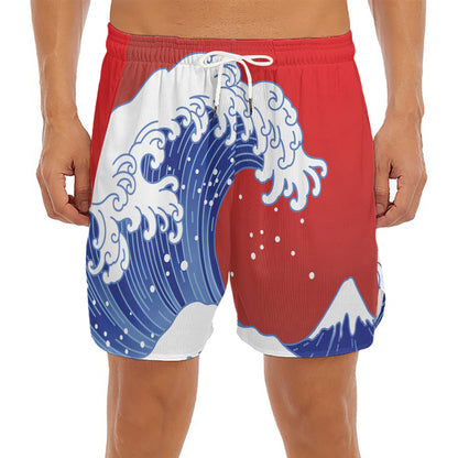 Red Sun Japanese Wave Print Men's Split Running Shorts