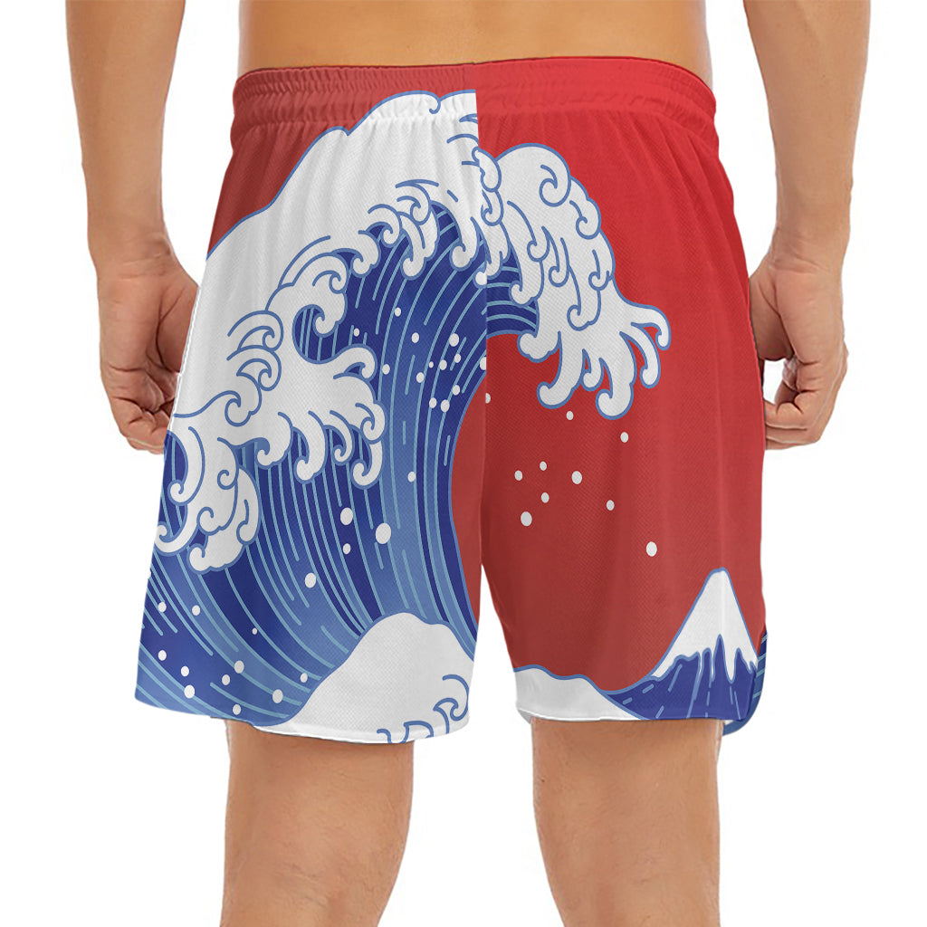 Red Sun Japanese Wave Print Men's Split Running Shorts
