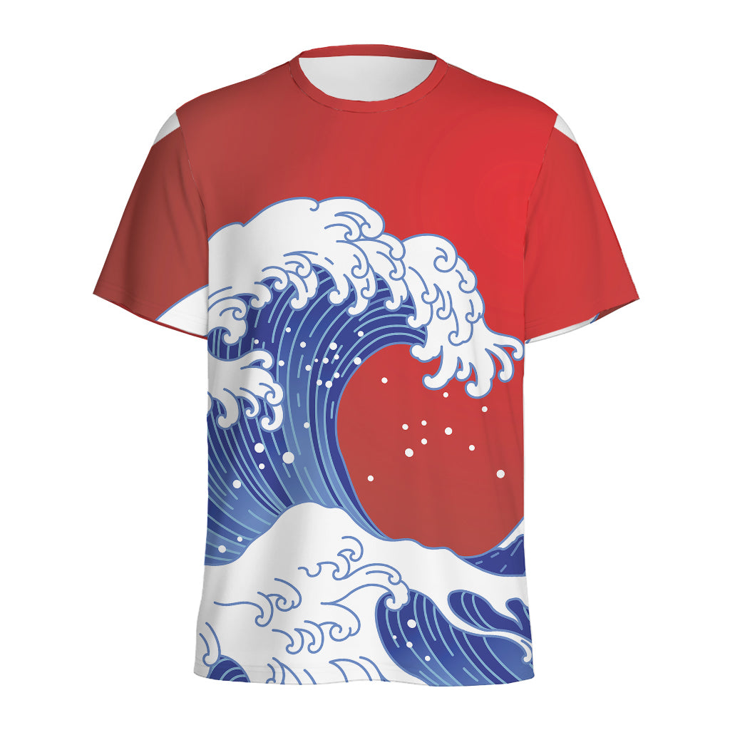 Red Sun Japanese Wave Print Men's Sports T-Shirt