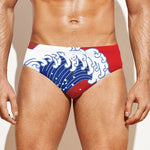 Red Sun Japanese Wave Print Men's Swim Briefs