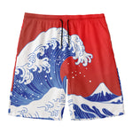 Red Sun Japanese Wave Print Men's Swim Trunks