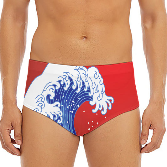 Red Sun Japanese Wave Print Men's Triangle Swim Briefs