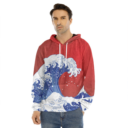 Red Sun Japanese Wave Print Men's Velvet Pullover Hoodie