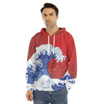 Red Sun Japanese Wave Print Men's Velvet Pullover Hoodie