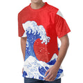 Red Sun Japanese Wave Print Men's Velvet T-Shirt