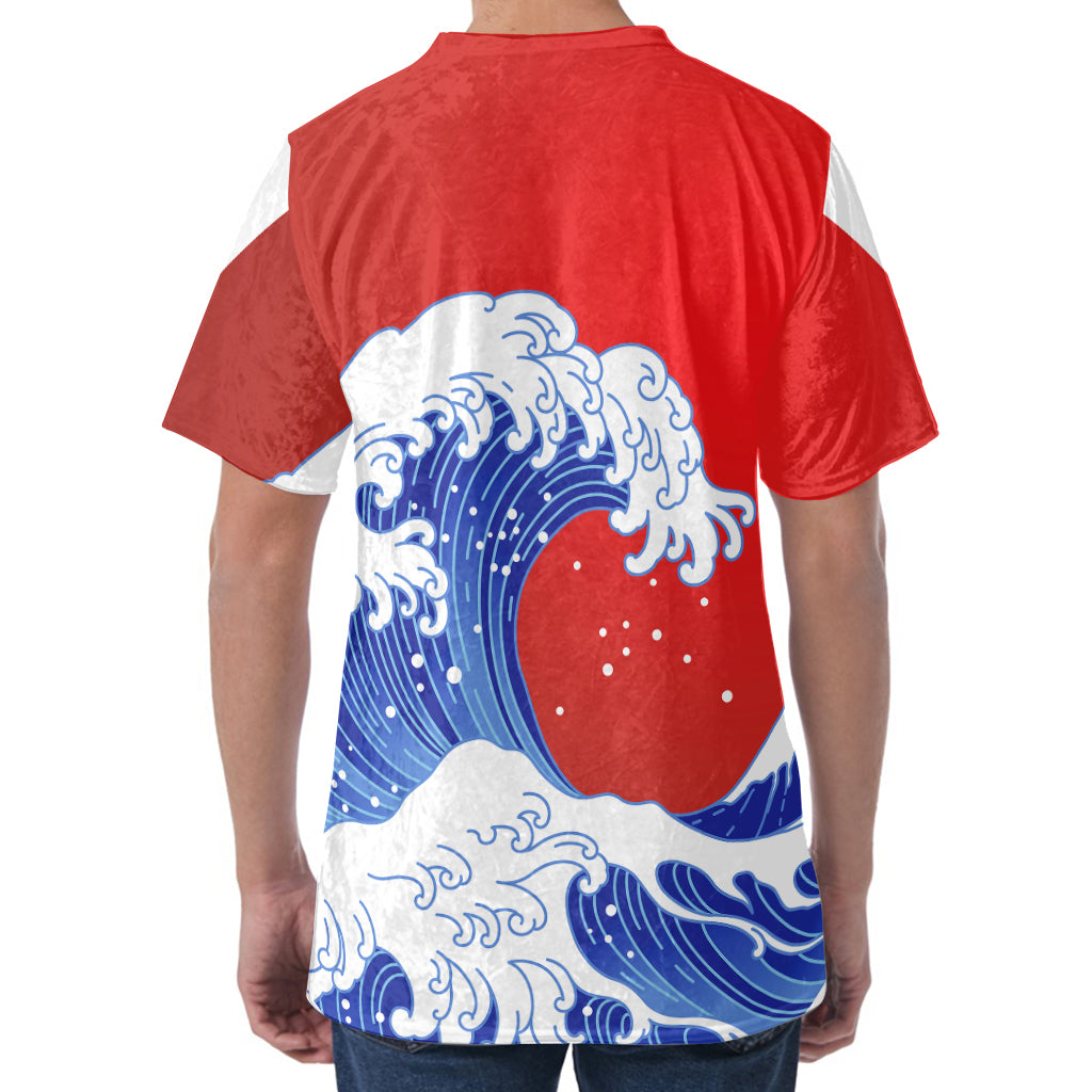 Red Sun Japanese Wave Print Men's Velvet T-Shirt