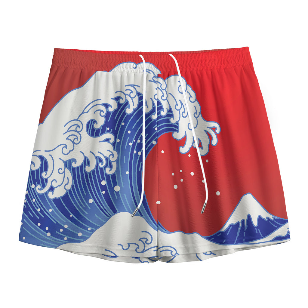 Red Sun Japanese Wave Print Mesh Shorts
