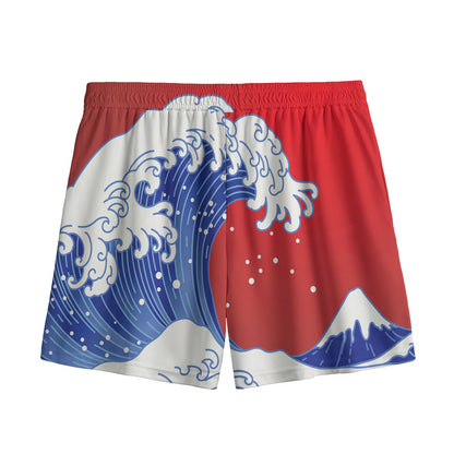 Red Sun Japanese Wave Print Mesh Shorts