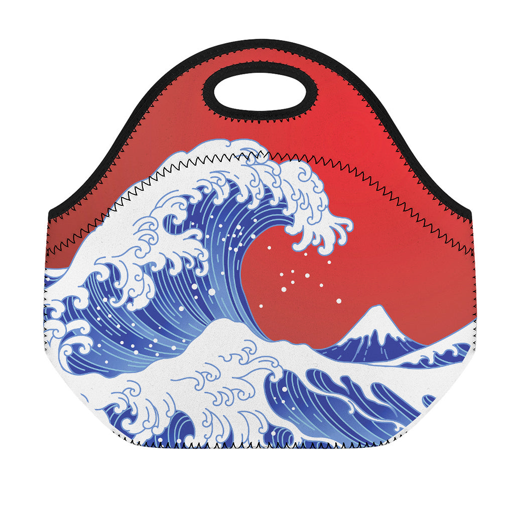 Red Sun Japanese Wave Print Neoprene Lunch Bag