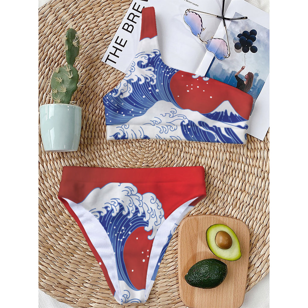 Red Sun Japanese Wave Print One Shoulder Bikini Top