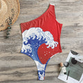 Red Sun Japanese Wave Print One Shoulder Bodysuit