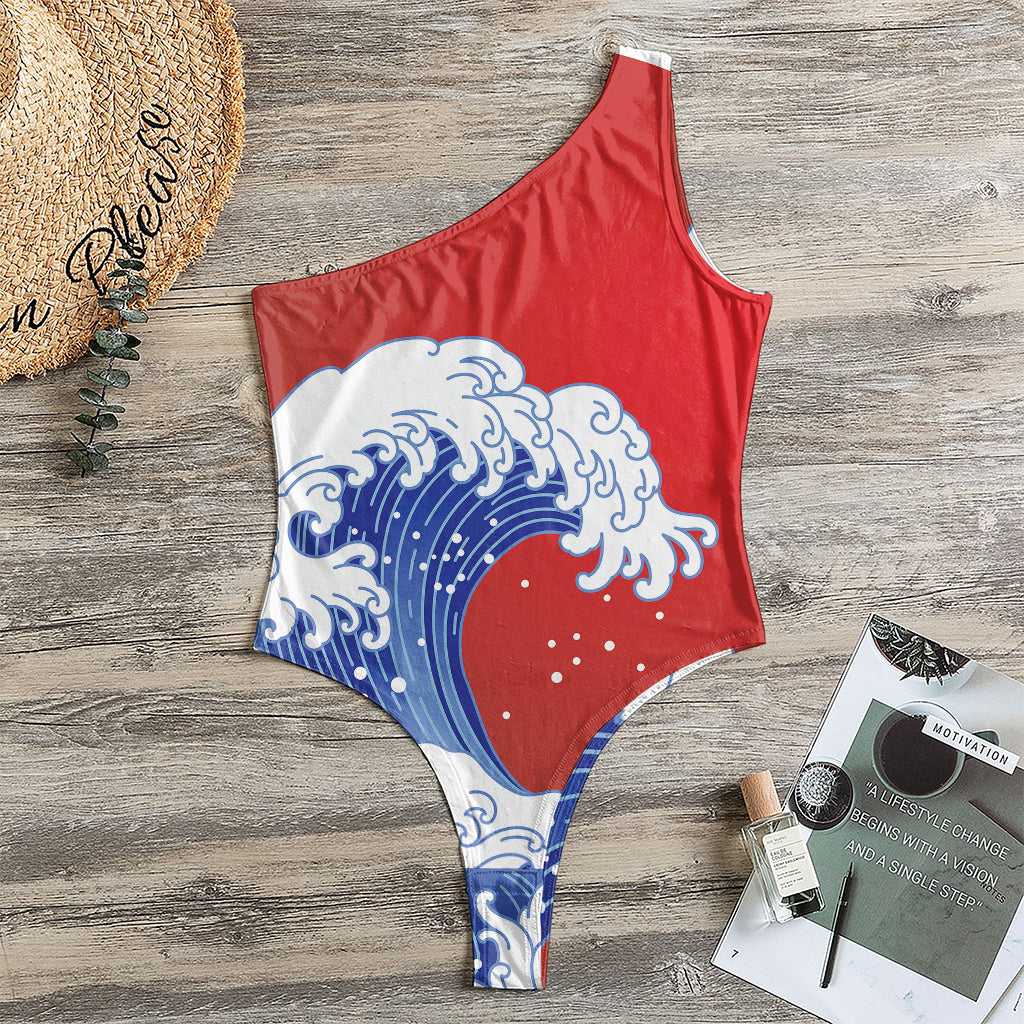 Red Sun Japanese Wave Print One Shoulder Bodysuit