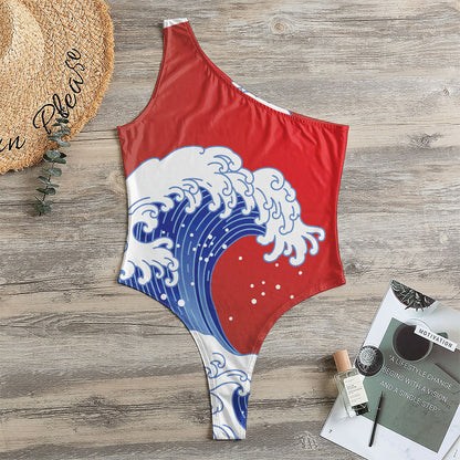 Red Sun Japanese Wave Print One Shoulder Bodysuit