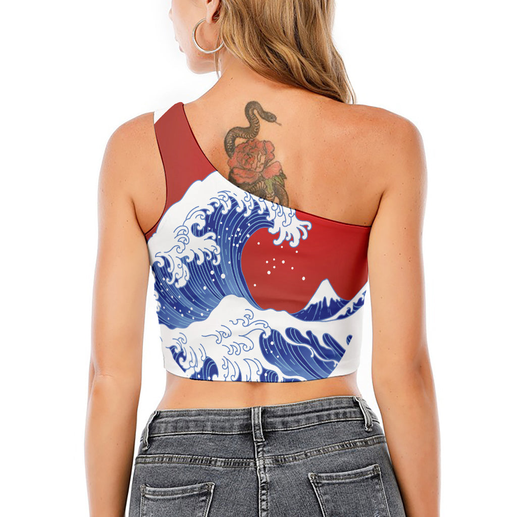 Red Sun Japanese Wave Print One Shoulder Crop Top