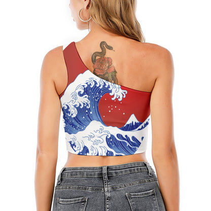 Red Sun Japanese Wave Print One Shoulder Crop Top