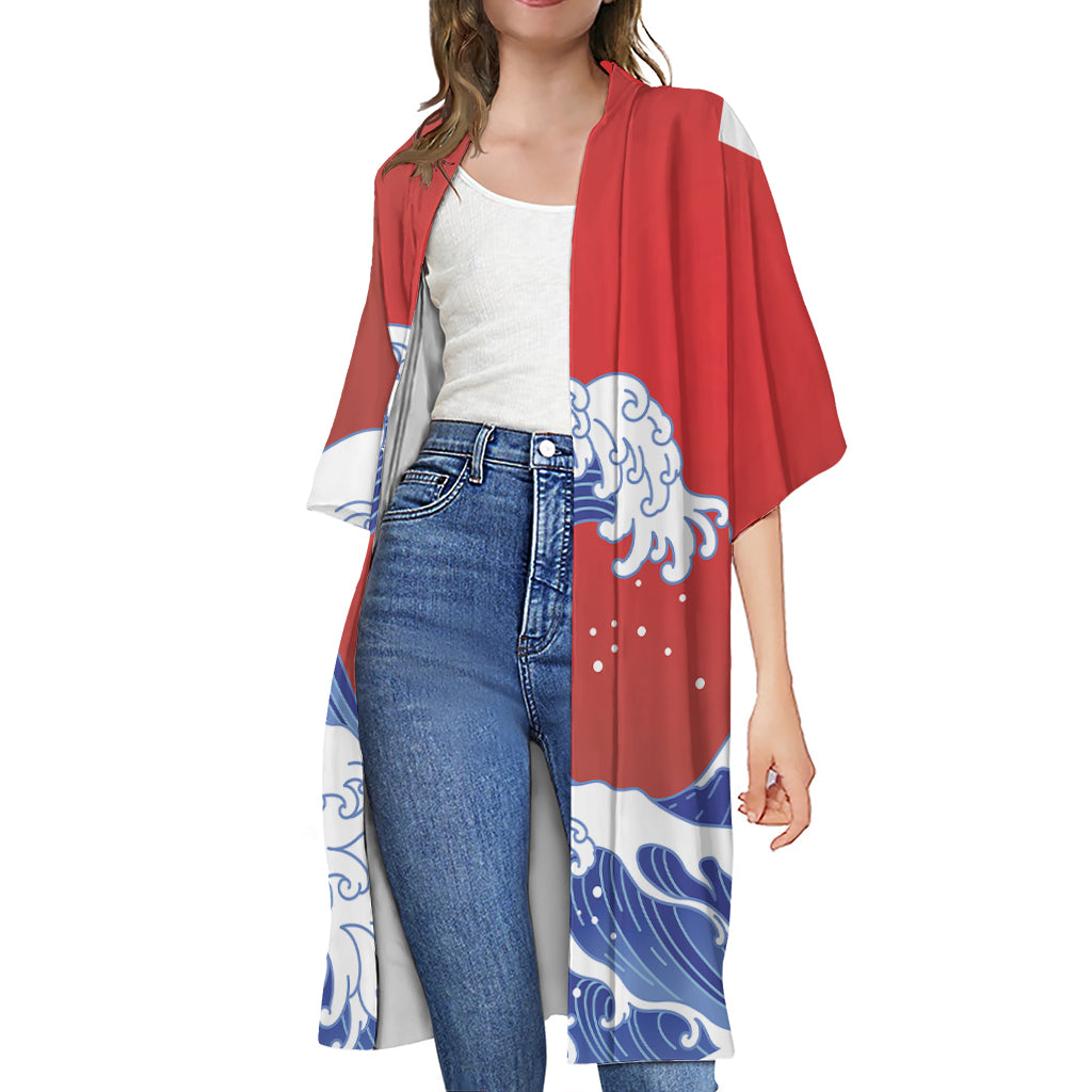 Red Sun Japanese Wave Print Open Front Beach Cover Up