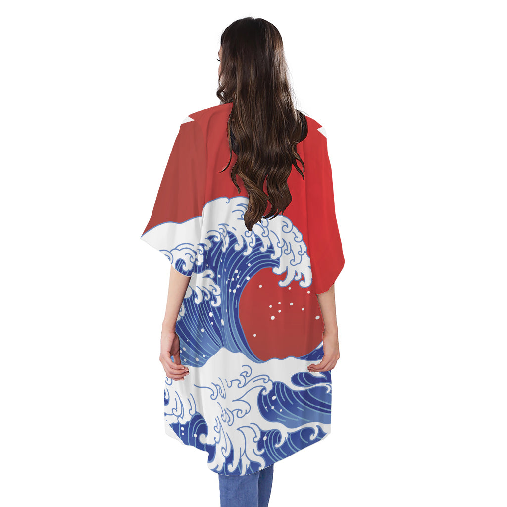 Red Sun Japanese Wave Print Open Front Beach Cover Up