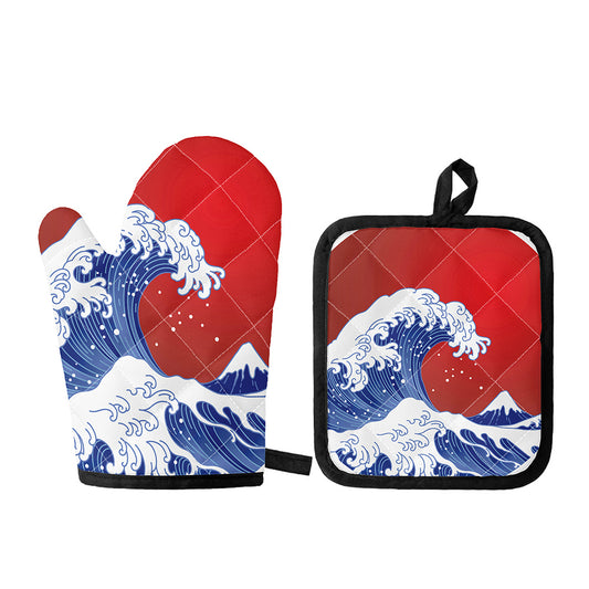 Red Sun Japanese Wave Print Oven Mitt And Pot Holder Set