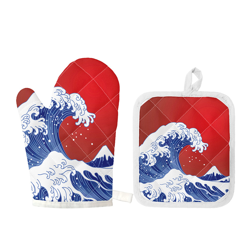 Red Sun Japanese Wave Print Oven Mitt And Pot Holder Set