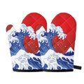 Red Sun Japanese Wave Print Oven Mitts