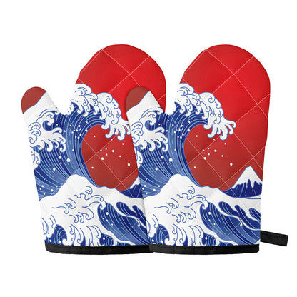 Red Sun Japanese Wave Print Oven Mitts