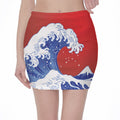 Red Sun Japanese Wave Print Pencil Mini Skirt