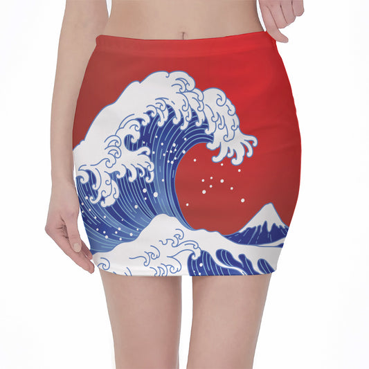 Red Sun Japanese Wave Print Pencil Mini Skirt
