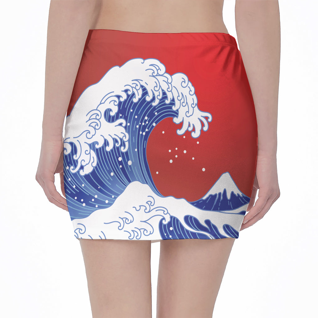 Red Sun Japanese Wave Print Pencil Mini Skirt