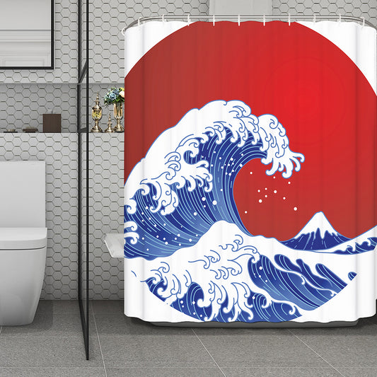 Red Sun Japanese Wave Print Polyester Shower Curtain